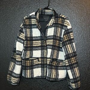 Sanctuary Black and Cream Plaid Teddy Jacket